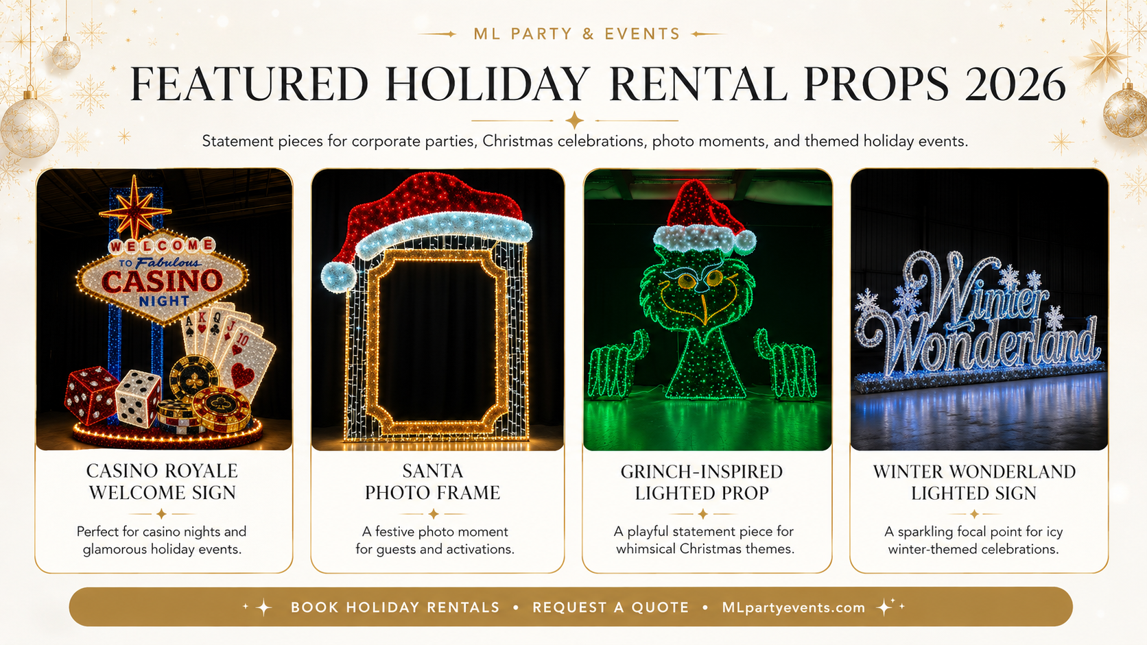 Featured Holiday Rental Props 2026 — Casino Royale sign, Santa photo frame, Grinch prop, Winter Wonderland sign