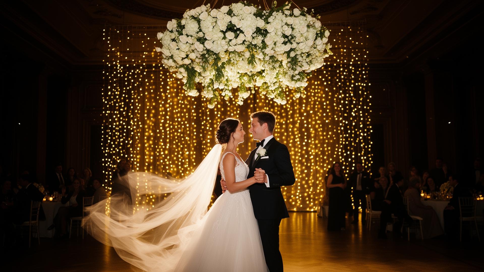 Bride and groom first dance under a suspended floral chandelier